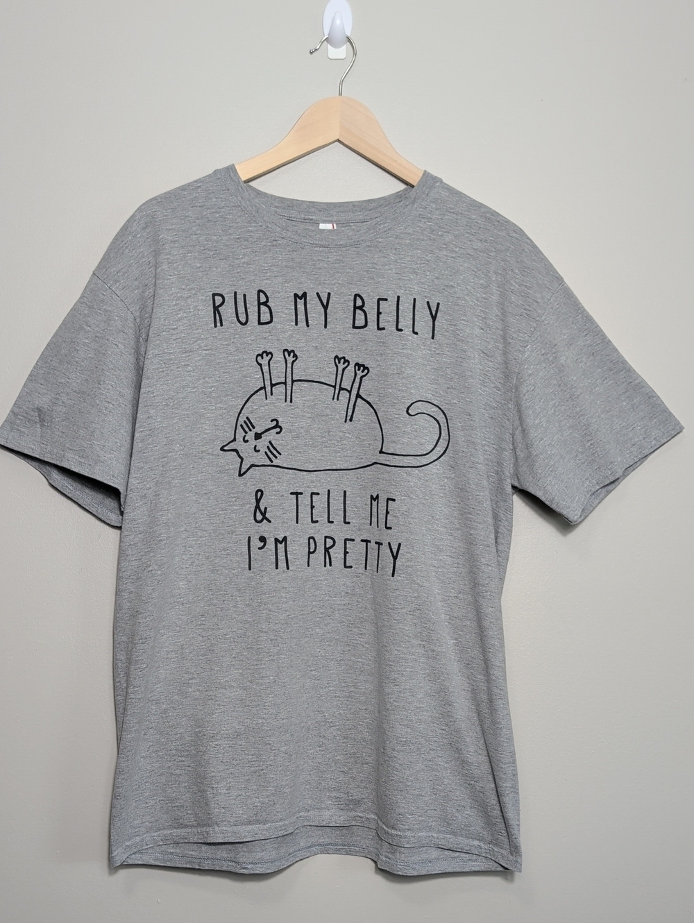 Heather Gray Rub My Belly Cat Novelty T-Shirt Womens XL Crazy Cat Lover Cat Lady